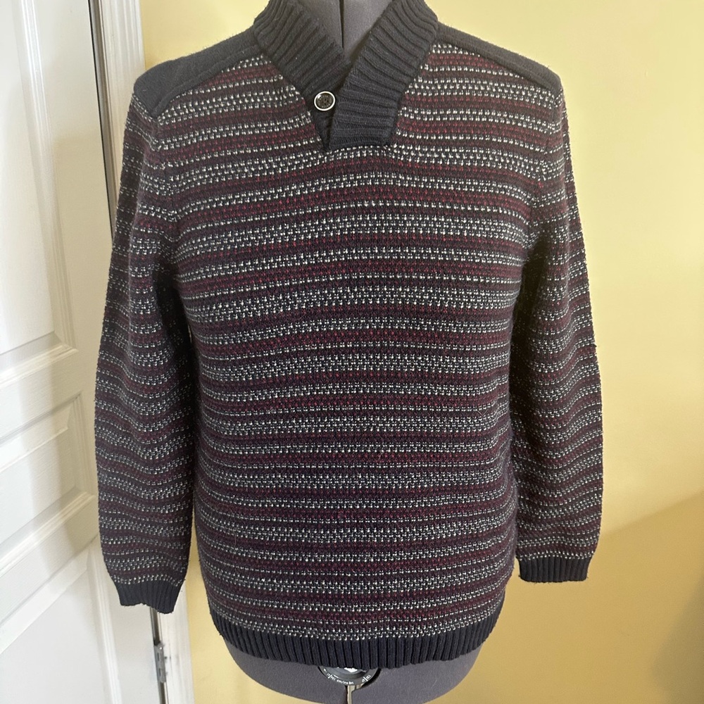Ted Baker burgundy and navy striped shawl collar men’s sweater size 4